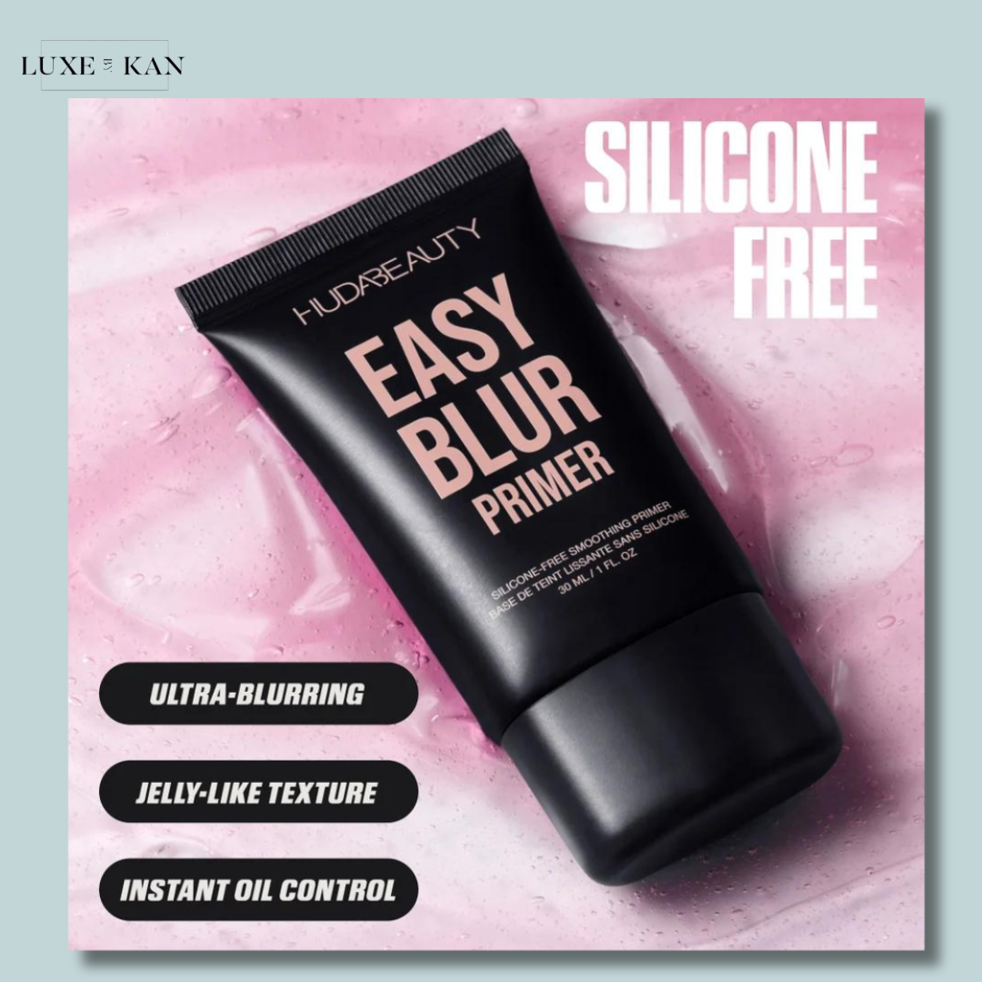 Black tube of Huda Beauty Easy Blur Primer on a pink background, highlighting its silicone-free formula and key benefits.
