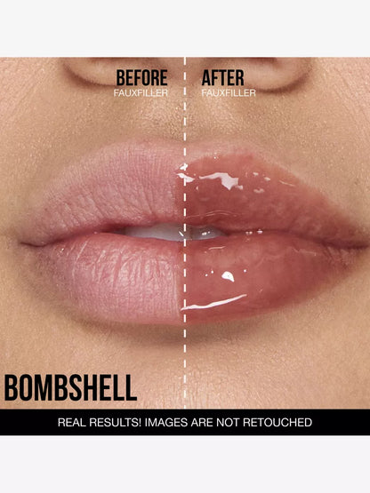 Comparison of lips before and after using faux filler, showcasing fuller, glossier results. Text notes "real results, not retouched."