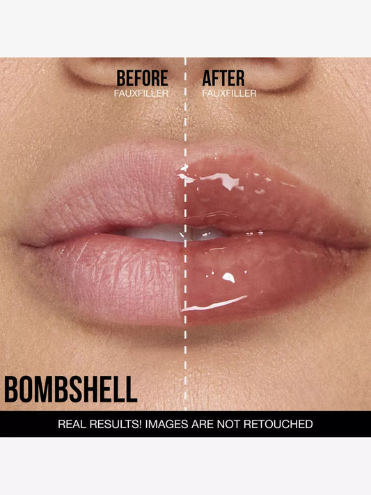 Comparison of lips before and after using faux filler, showcasing fuller, glossier results. Text notes "real results, not retouched."