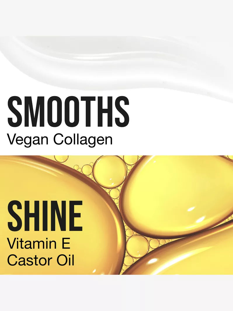 Text highlights "SMOOTH" with Vegan Collagen and "SHINE" with Vitamin E and Castor Oil over a background of golden oil droplets.