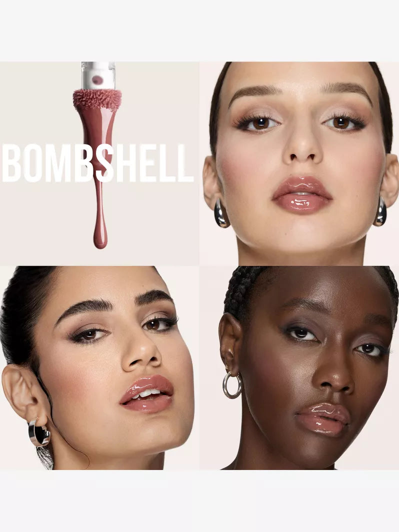 A drop of brown lipstick hovers above the word "BOMBSHELL," accompanied by blurred images of three women showcasing different ear styles.
