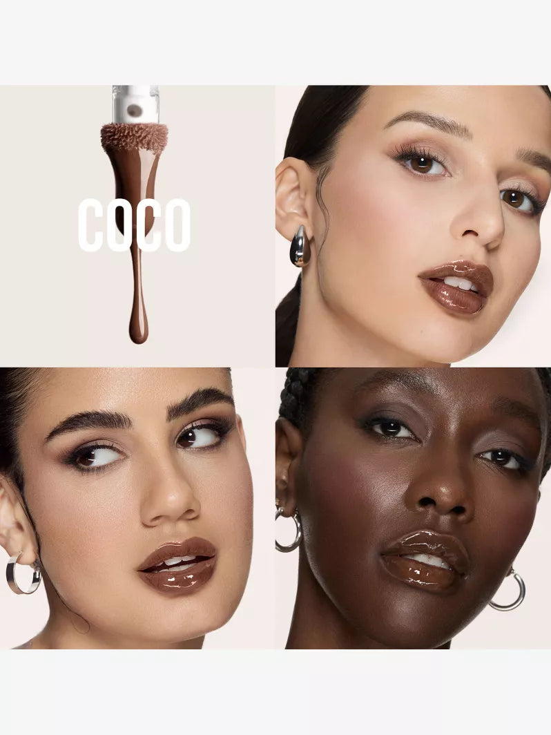 A close-up of a lip product dripping chocolate color with the word "COCO" overlaying, alongside blurred features of a model.