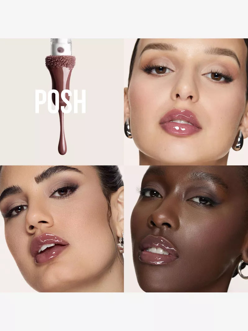 A glossy lipstick wand drips rich, chocolate-toned lipstick, accompanied by bold text reading “POSH” on a soft neutral background.