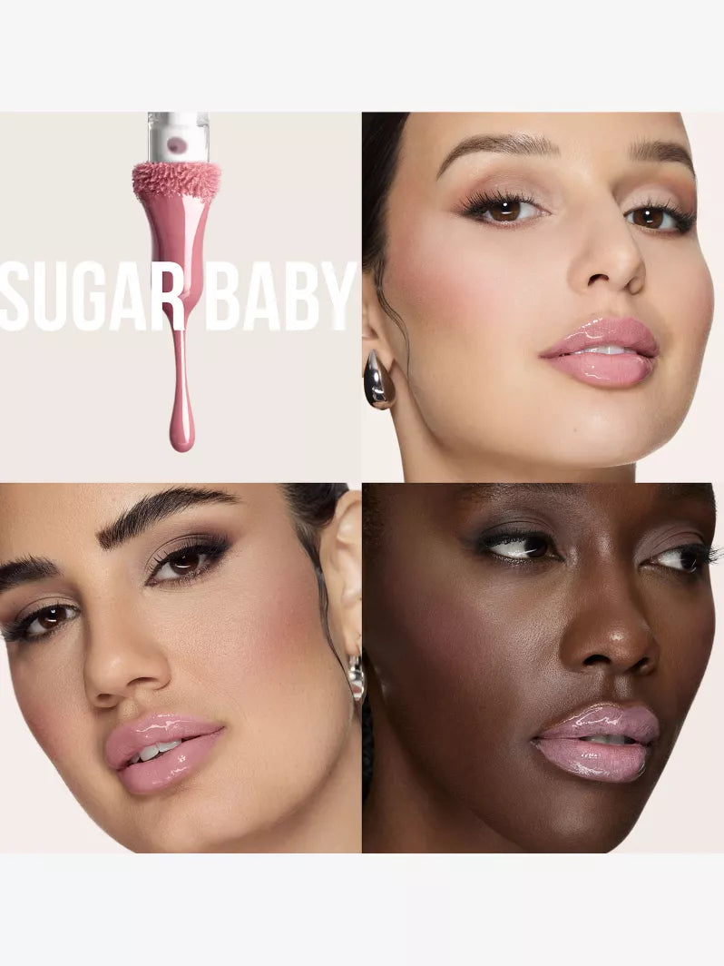 A pink lipstick applicator is featured alongside the text "SUGAR BABY," promoting a beauty product in a stylish layout.