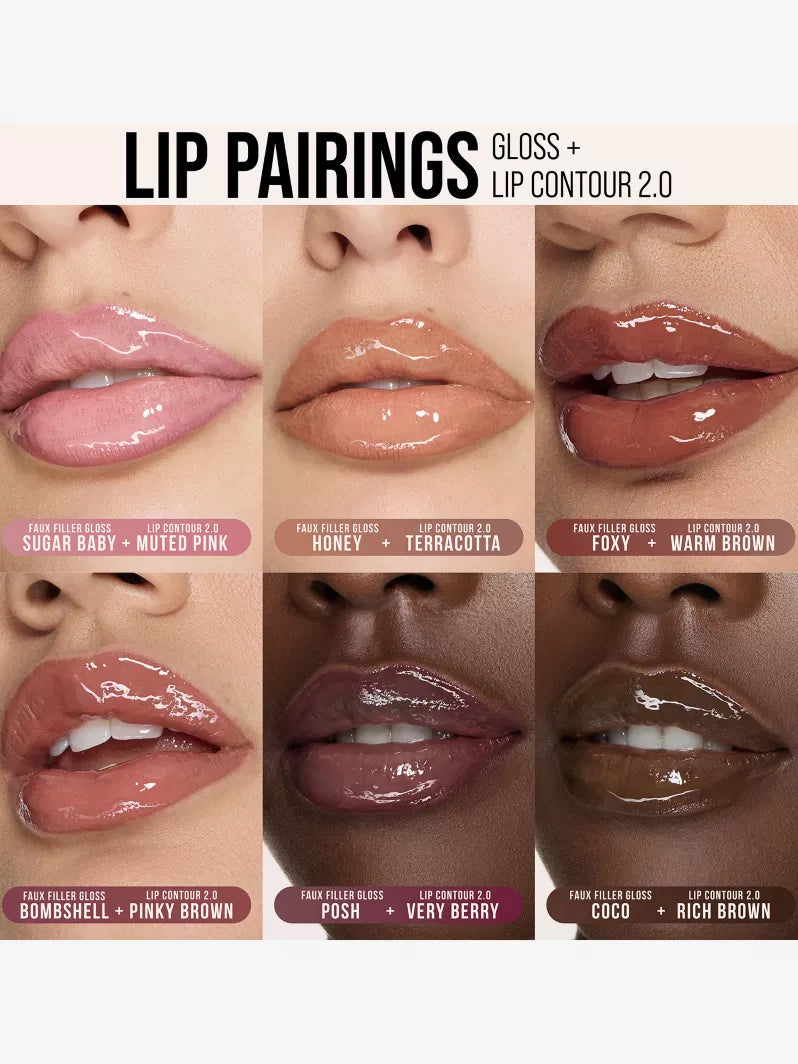 Four pairs of glossy lips showcasing different lip gloss and contour combinations, labeled for easy reference.
