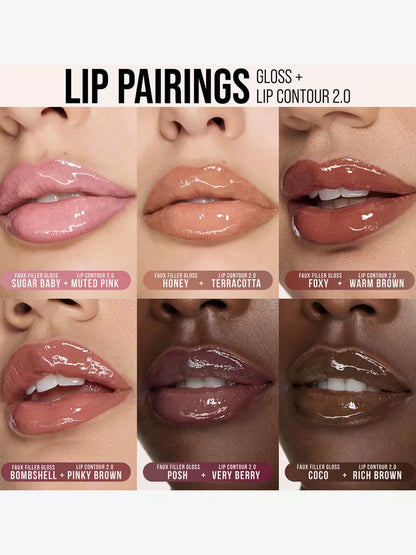 Four pairs of glossy lips showcasing different lip gloss and contour combinations, labeled for easy reference.