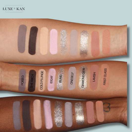Image shows swatches of eyeshadows on arms in varied skin tones, labeled with names like "First Class," "Lavish," and "Diamond Dew."