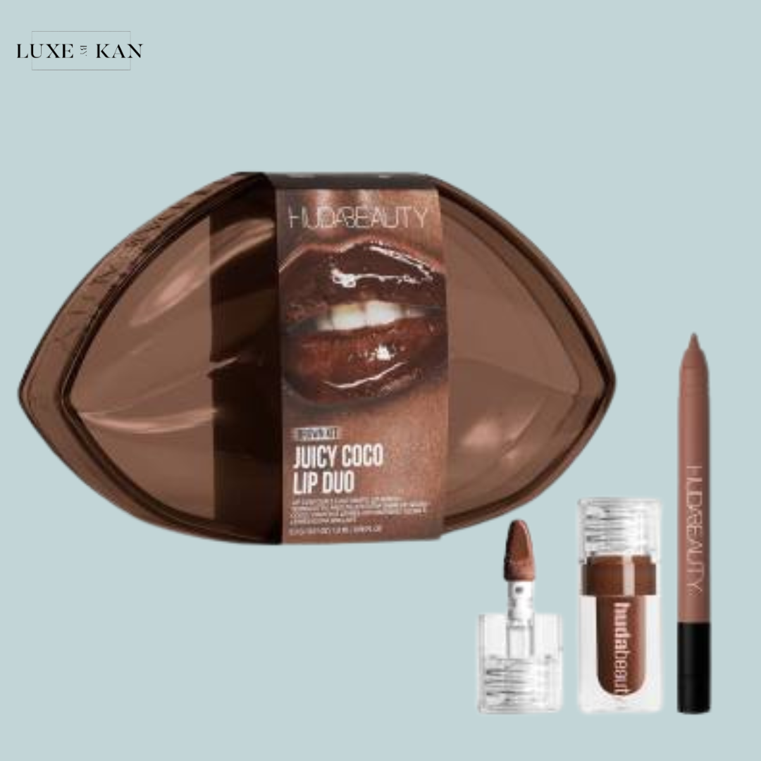 Huda Beauty's Juicy Coco Lip Duo set featuring a brown lipstick, glossy lip product, and coordinating lip liner, packaged elegantly.