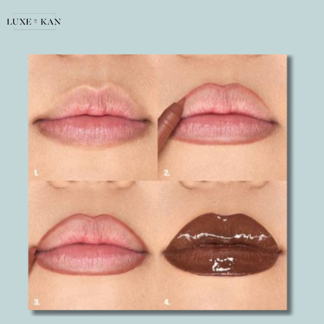 Four-step lip transformation showcasing lip preparation, lining, shaping, and final glossy dark brown application.
