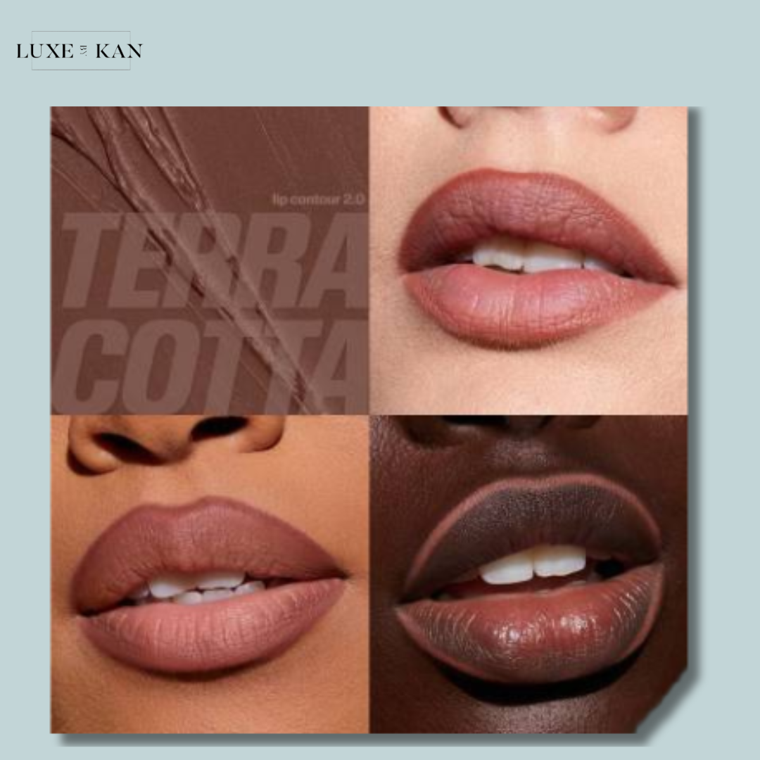 Four pairs of lips showcasing the "Terracotta" lip contour in diverse skin tones, highlighting rich, muted shades.