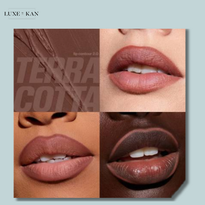 Four pairs of lips showcasing the "Terracotta" lip contour in diverse skin tones, highlighting rich, muted shades.