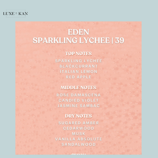 A list of fragrance notes for "Eden Sparkling Lychee," featuring top, middle, and dry notes on a pastel pink background.