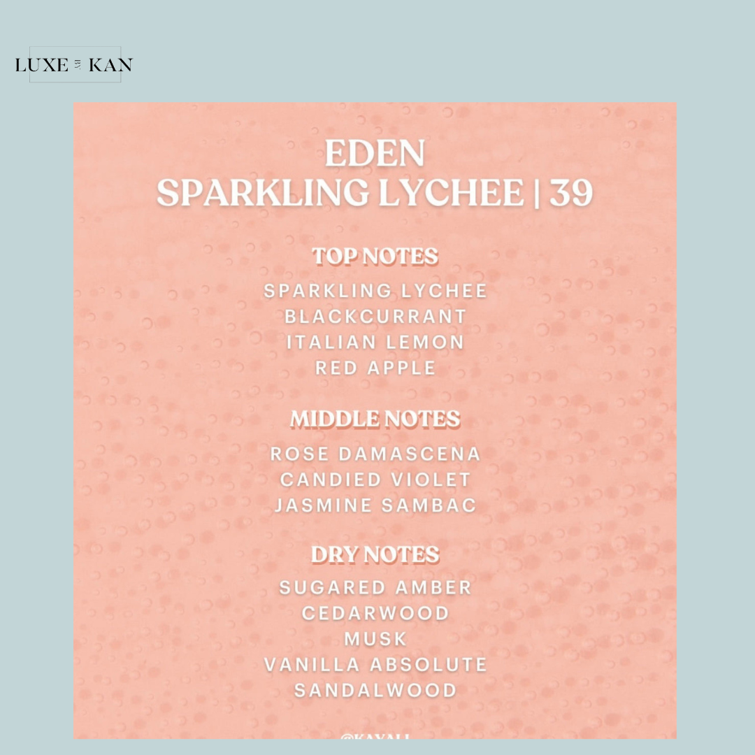 A list of fragrance notes for "Eden Sparkling Lychee," featuring top, middle, and dry notes on a pastel pink background.