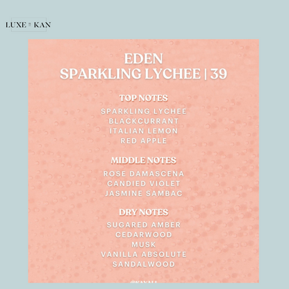 A list of fragrance notes for "Eden Sparkling Lychee," featuring top, middle, and dry notes on a pastel pink background.
