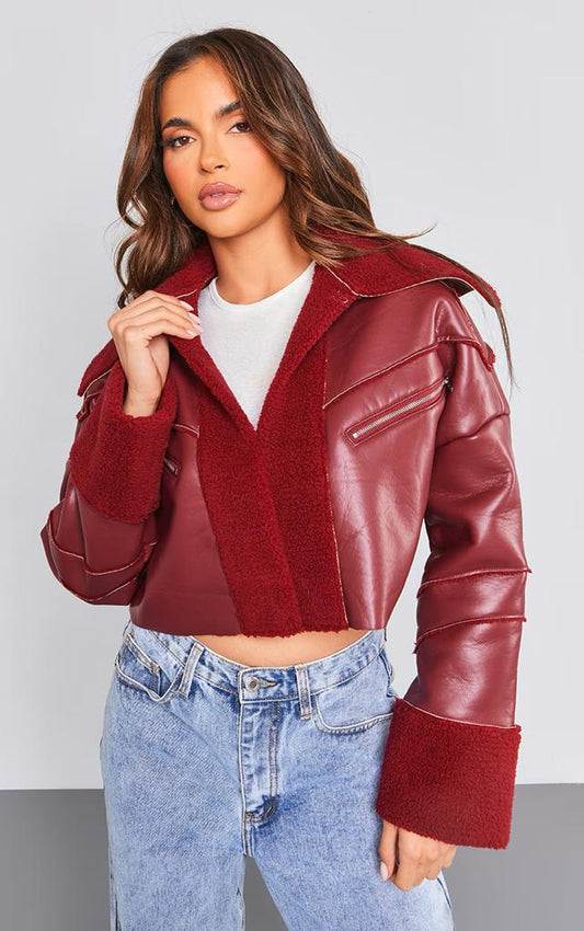 PRETTYLITTLETHING Cherry Red Bonded Borg Lined Faux Leather Cropped Aviator Jacket