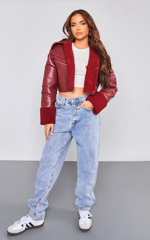 PRETTYLITTLETHING Cherry Red Bonded Borg Lined Faux Leather Cropped Aviator Jacket