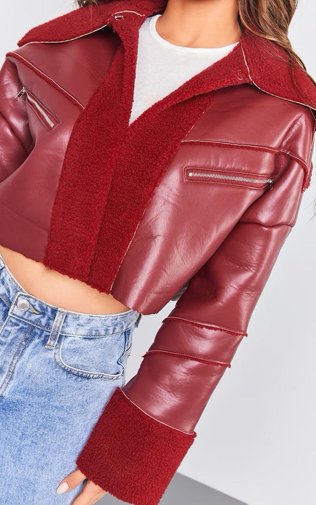 PRETTYLITTLETHING Cherry Red Bonded Borg Lined Faux Leather Cropped Aviator  Jacket