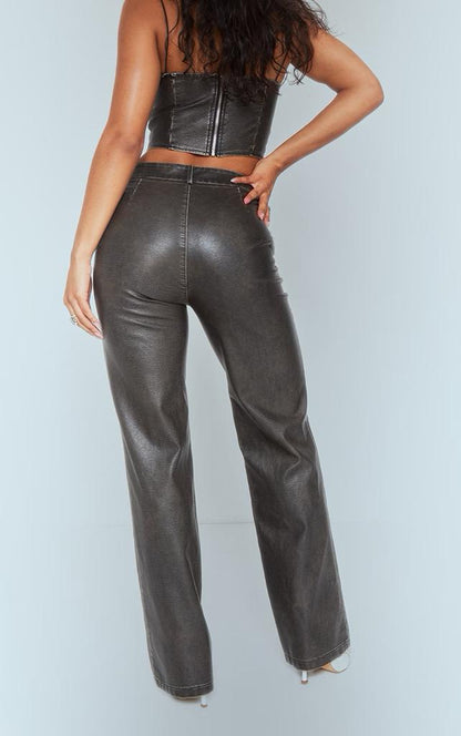 PRETTYLITTLETHING Premium Dark Brown Washed Faux Leather Dip Waist Flared Trousers