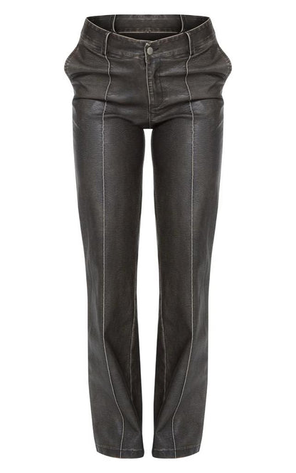 PRETTYLITTLETHING Premium Dark Brown Washed Faux Leather Dip Waist Flared Trousers