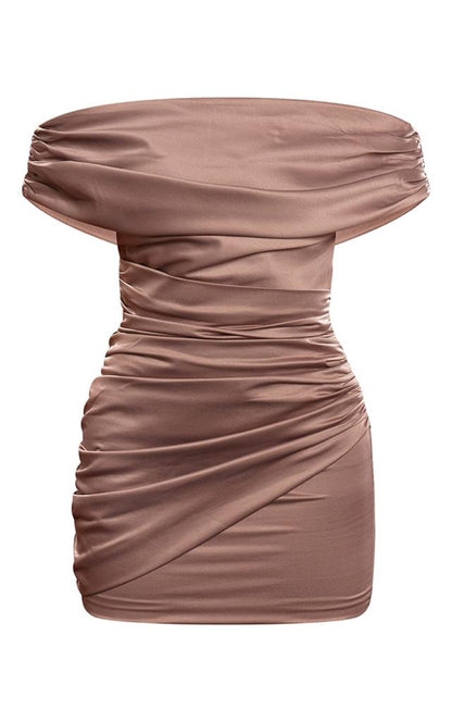 PRETTYLITTLETHING Premium Deep Mocha Constructed Satin Bardot Mini Dress