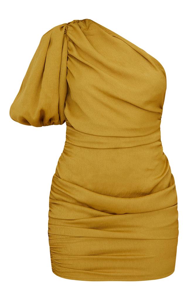 PRETTYLITTLETHING Olive Chiffon One Shoulder Puff Sleeve Bodycon Dress