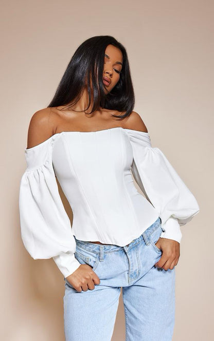 PRETTYLITTLETHING White Bardot Balloon Sleeve Corset Top