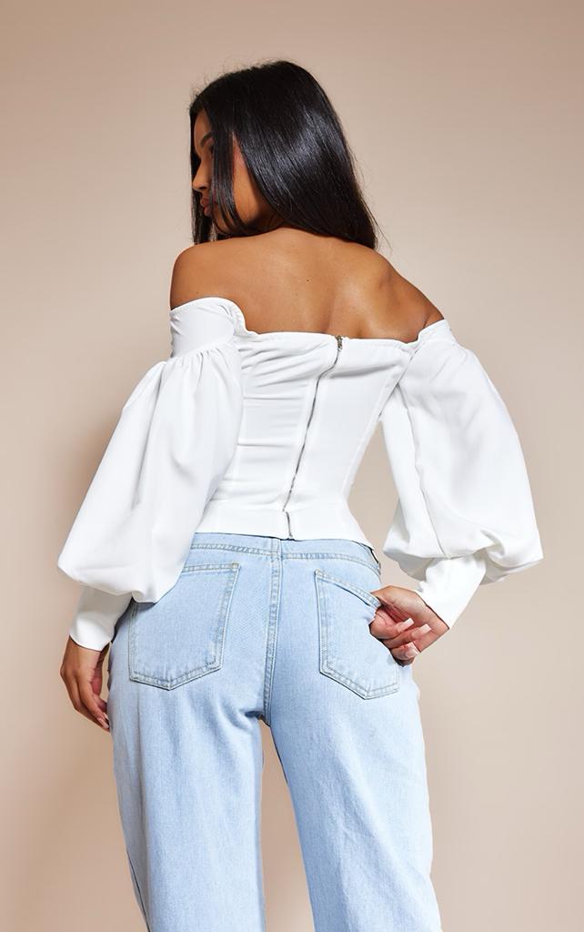 PRETTYLITTLETHING White Bardot Balloon Sleeve Corset Top