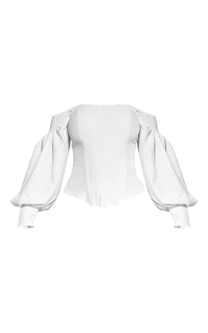 PRETTYLITTLETHING White Bardot Balloon Sleeve Corset Top