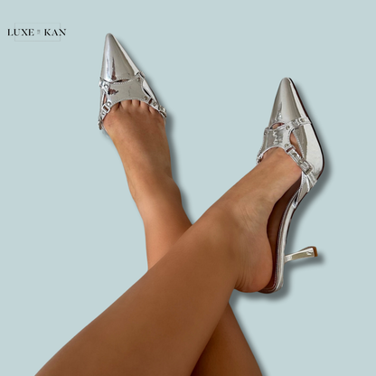 SIMMI SHOES ANKANA SILVER MIRROR BUCKLE DETAIL MULE COURT SHOES