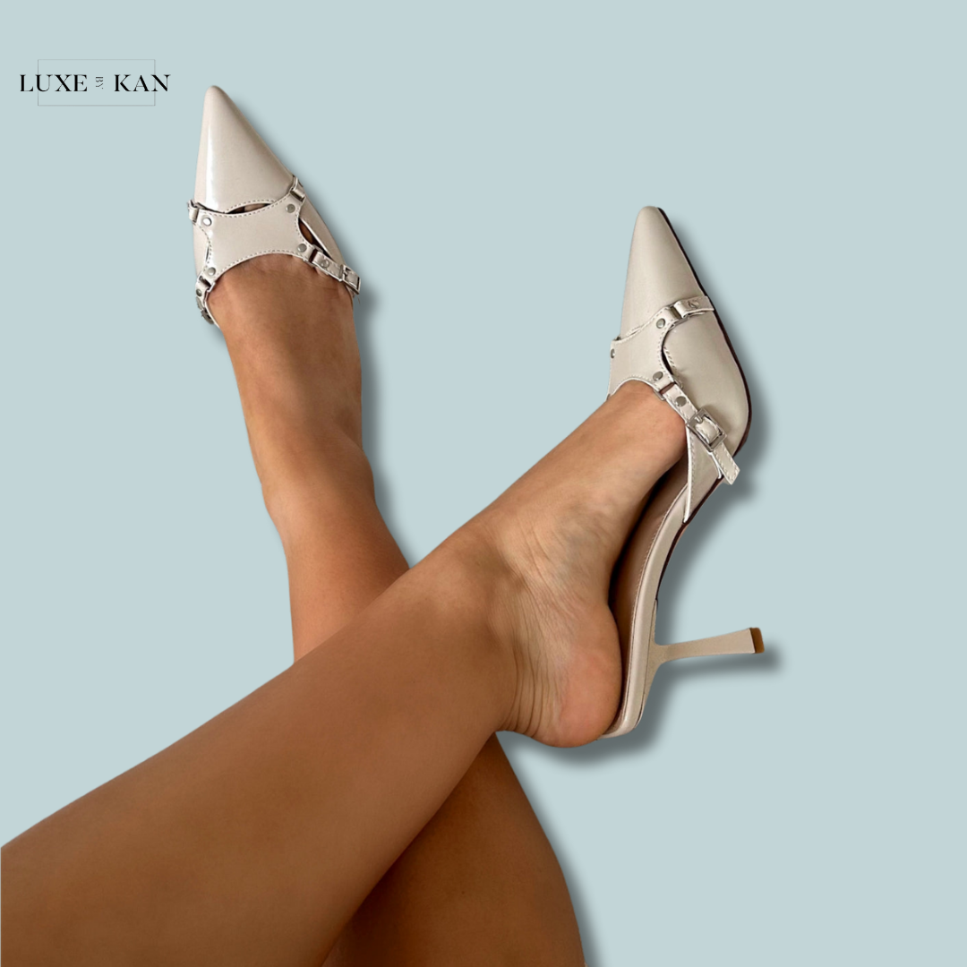 SIMMI SHOES ANKANA SILVER MIRROR BUCKLE DETAIL MULE COURT SHOES