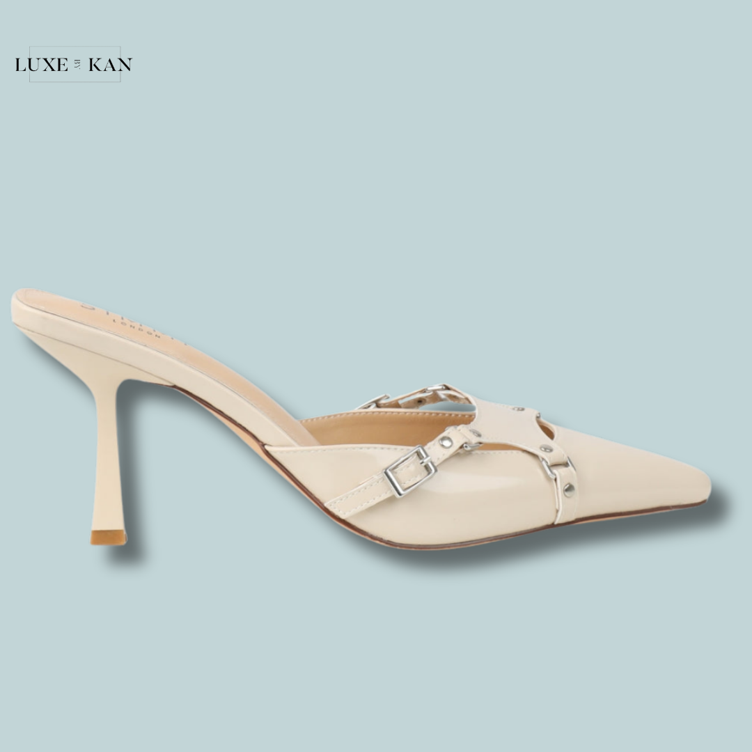 SIMMI SHOES ANKANA SILVER MIRROR BUCKLE DETAIL MULE COURT SHOES