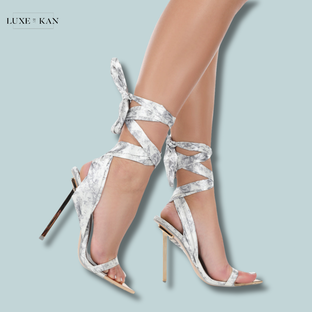 PUBLIC DESIRE On Trend Grey Print Satin Wrap Around Pointed Toe Stilet Luxe by Kan