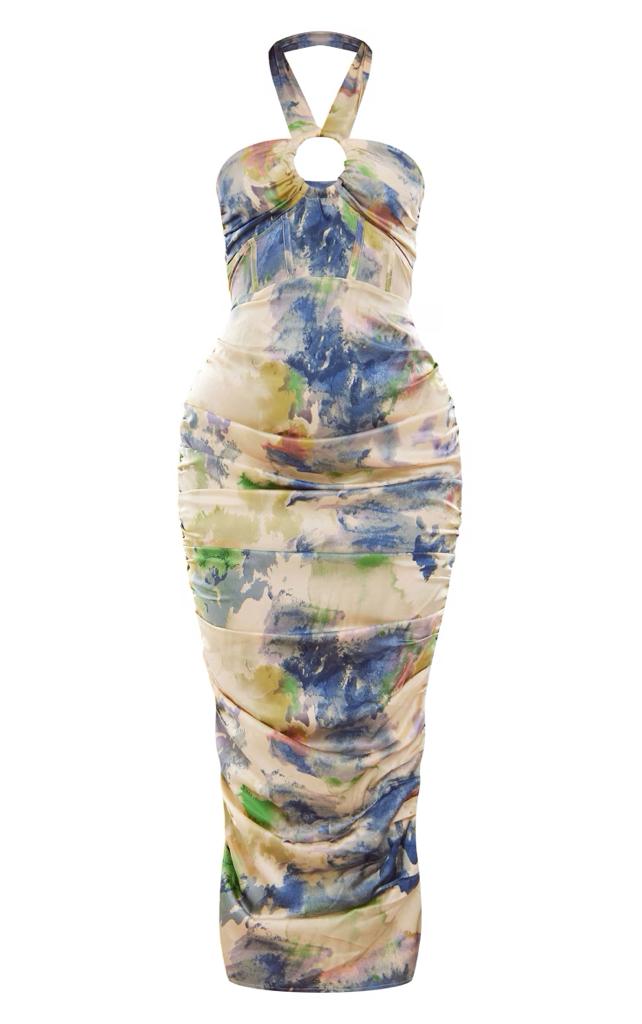 PRETTYLITTLETHING Multi Abstract Print Satin Ring Corset Detail Midaxi Dress