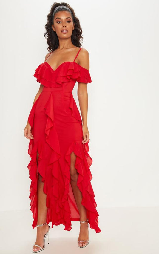 PRETTYLITTLETHING Red Cold Shoulder Ruffle Detail Maxi Dress