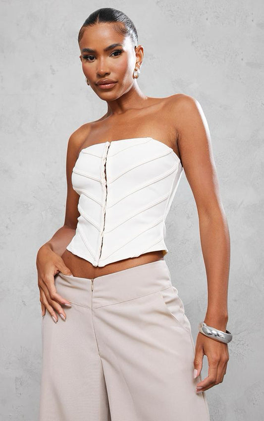 PRETTYLITTLETHING Cream Bandage Structured Panelled Hook & Eye Corset