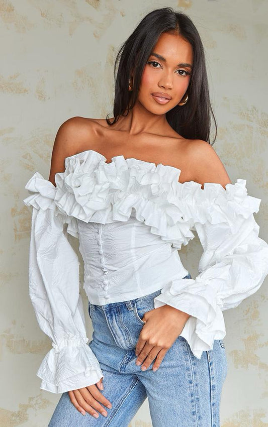 PRETTYLITTLETHING White Floral Textured Woven Ruffle Hem Off Shoulder Long Sleeve Blouse