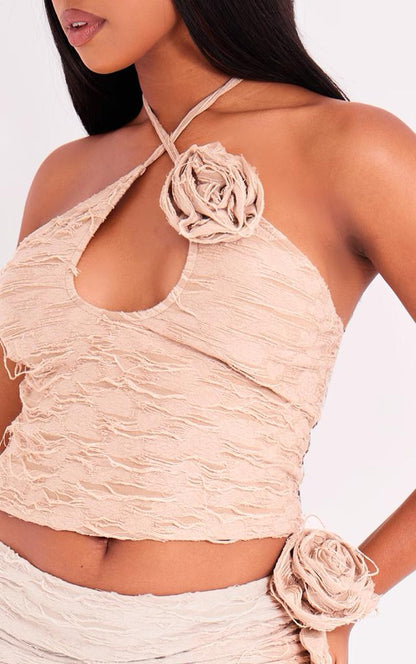 PRETTYLITTLETHING Camel Textured Distressed Lace Halterneck Rosette Detail Crop Top