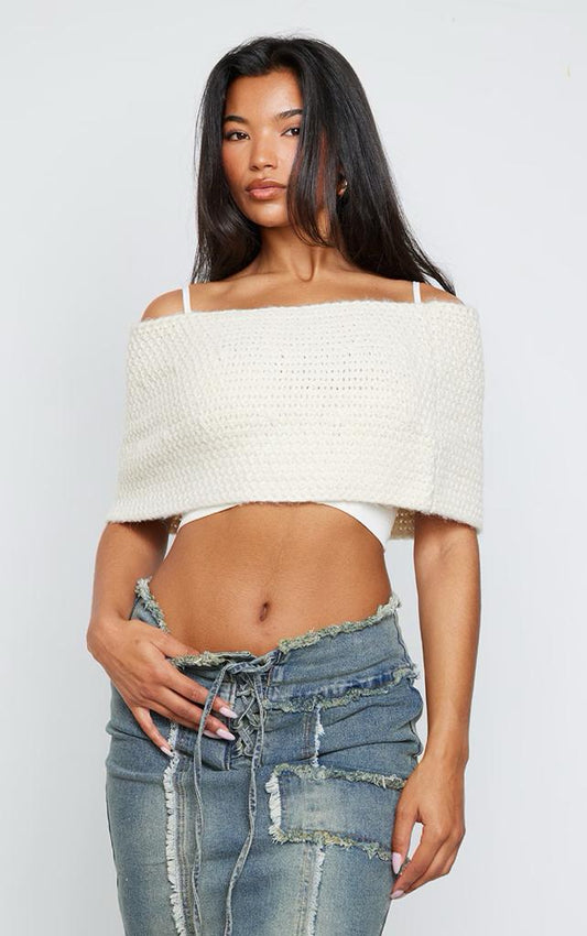 PRETTYLITTLETHING Oatmeal Chunky Knit Over The Shoulder Bandeau