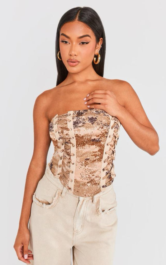 PRETTYLITTLETHING Stone Printed Lace Up Side Bandeau Crop Top