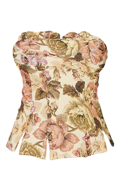 PRETTYLITTLETHING Nude Floral Woven Jacquard Ruched Bust Spilt Hem Corset