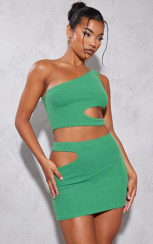 PRETTYLITTLETHING Crinkle Rib One Shoulder Cut Out Crop Top