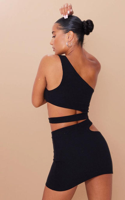 PRETTYLITTLETHING Crinkle Rib One Shoulder Cut Out Crop Top