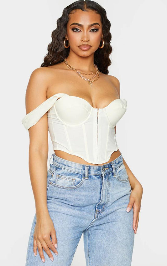 PRETTYLITTLETHING Cream Woven Hook And Eye Thick Strap Corset Top