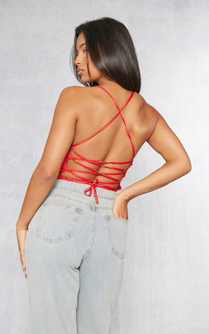 PRETTYLITTLETHING Red Satin Strappy Back Cowl Neck Cami