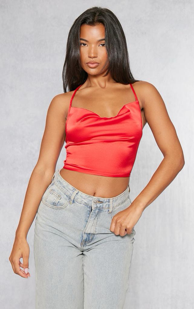 PRETTYLITTLETHING Red Satin Strappy Back Cowl Neck Cami Luxe by Kan