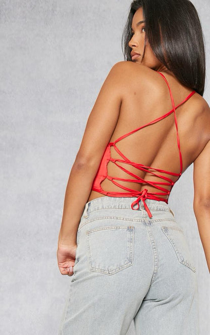 PRETTYLITTLETHING Red Satin Strappy Back Cowl Neck Cami