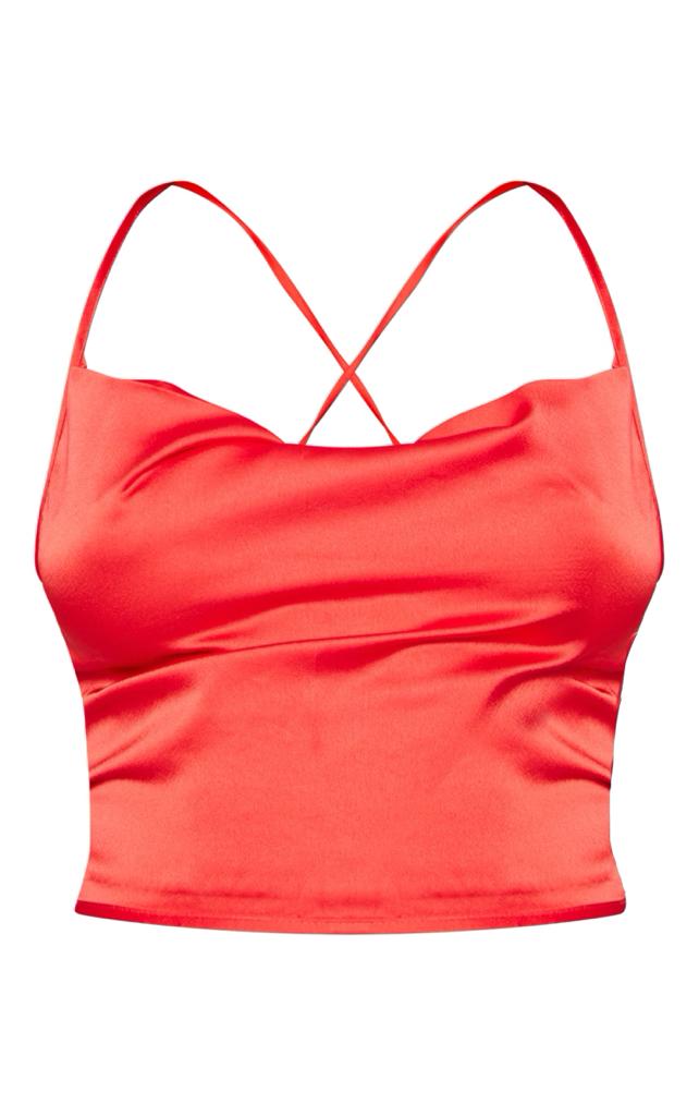 PRETTYLITTLETHING Red Satin Strappy Back Cowl Neck Cami