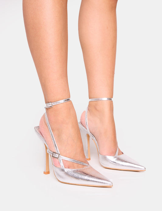 PUBLIC DESIRE IDOL CRACKED SILVER BUCKLE STRAPPY DETAIL STILETTO POINTED TO COURT HIGH HEELS