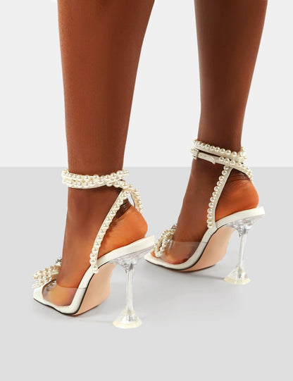 PUBLIC DESIRE GLIMMER WHITE WRAP AROUND PEARL DETAIL BOW SQUARE TOE CAKE STAND HEELS