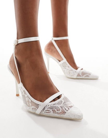 Public Desire Bridal Wide Fit Estella lace heeled shoe in white
